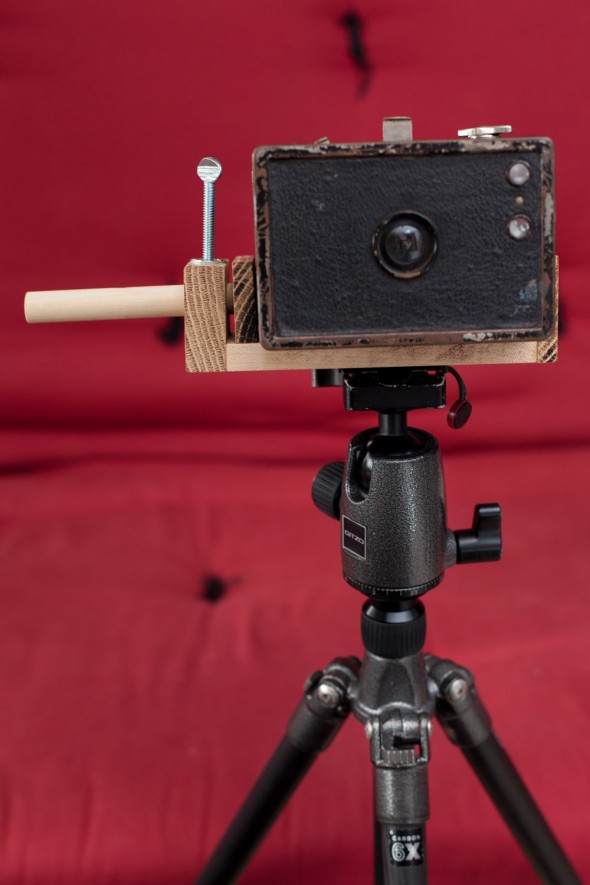 Tripod mount for box cameras and other objects without a 1/4-20 tripod hole.