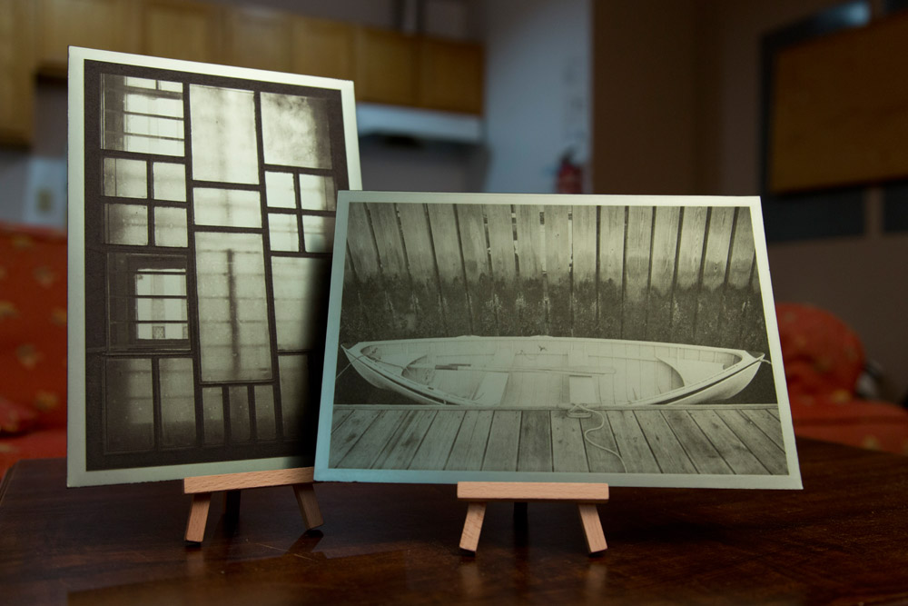 Polymer-based light-sensitive plates used for gravure printing. The vertical plate has been inked and left to dry, while the horizontal plate was inked and printed and left as-is (without re-inking).