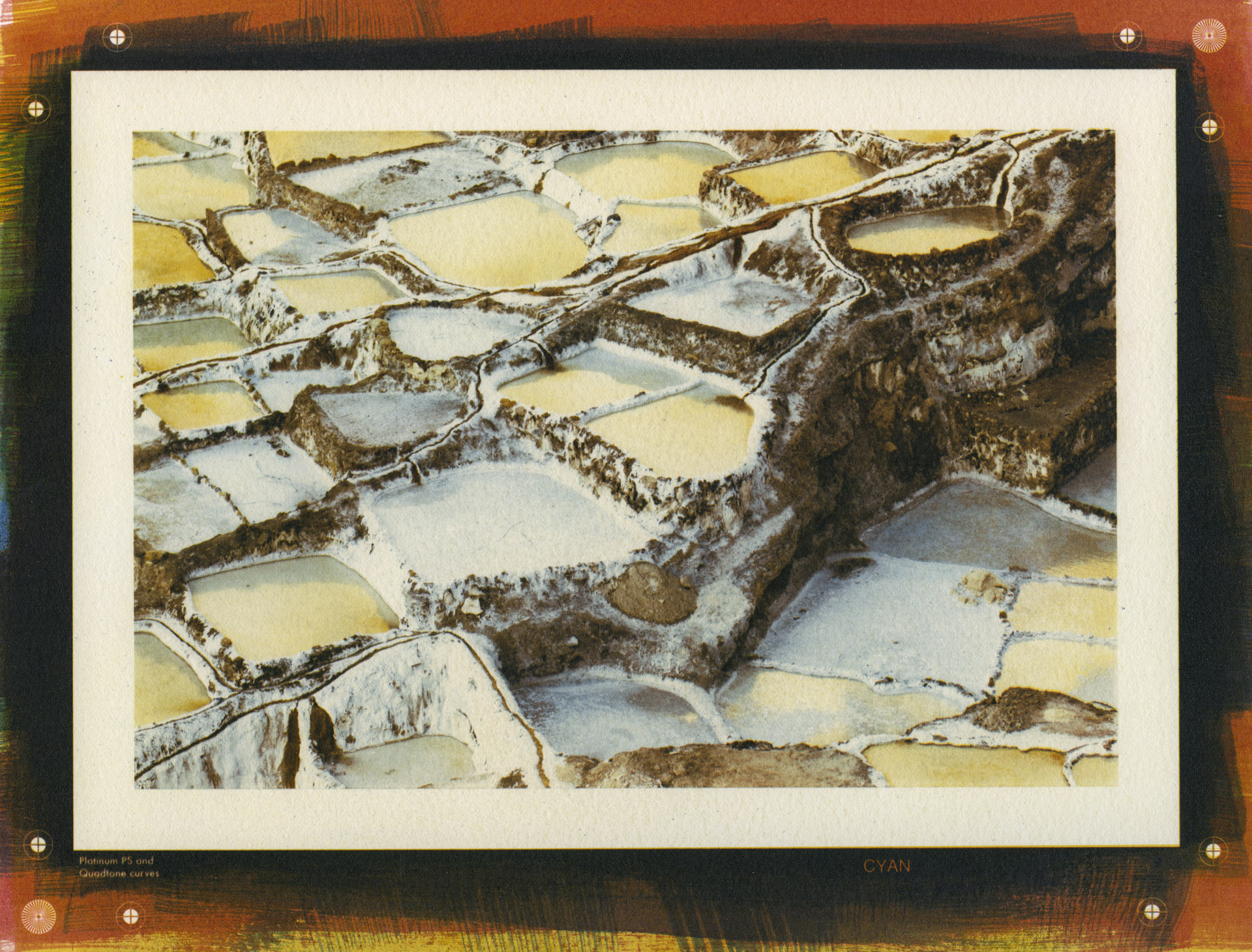 The Maras Salt Ponds, Peru. Tri-color gum print, 6x9 inches.