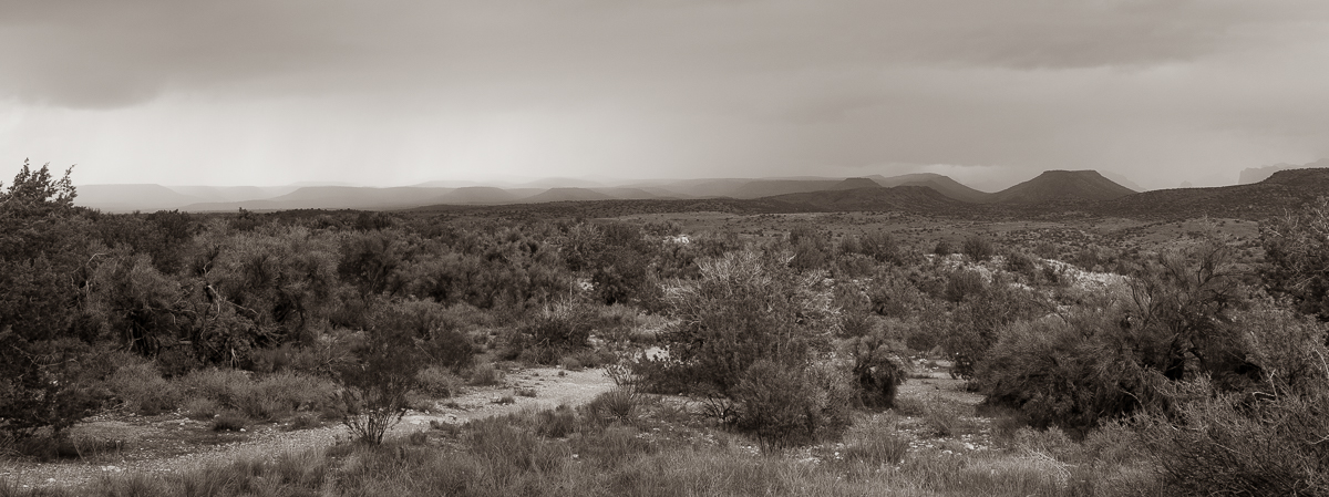 Storms pass through the Sunset Point scenic overview off I-17 in central Arizona.