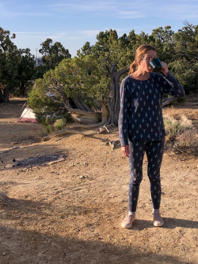 Two of Kari's favorite things: coffee and Christmas saguaro long johns.